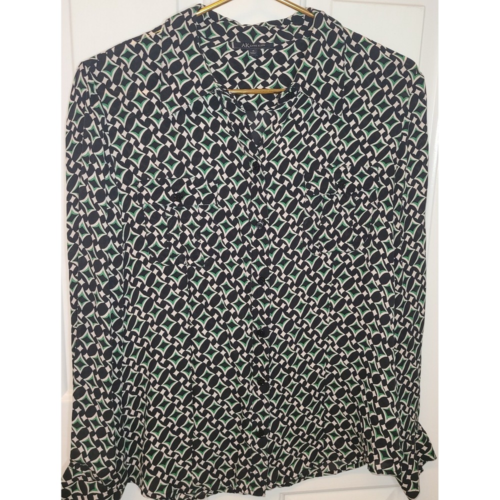 Anne Klein 100% Silk Black White Green Geo Button-Down Blouse Sz 14 Long Sleeve